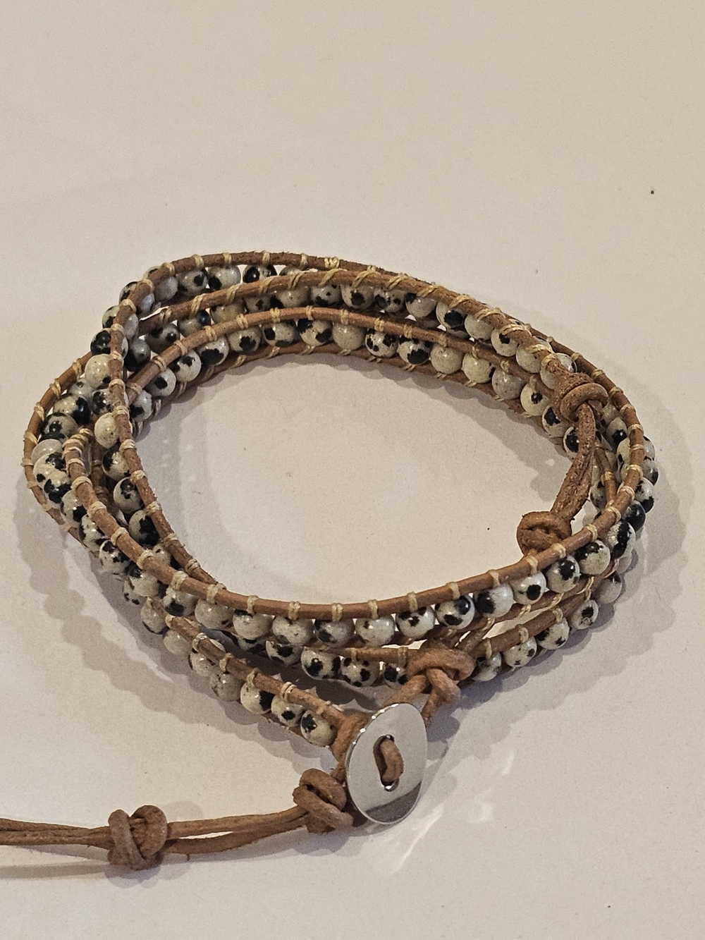 Boho Dalmatian Jasper 3-Row Leather Wrap Bracelet